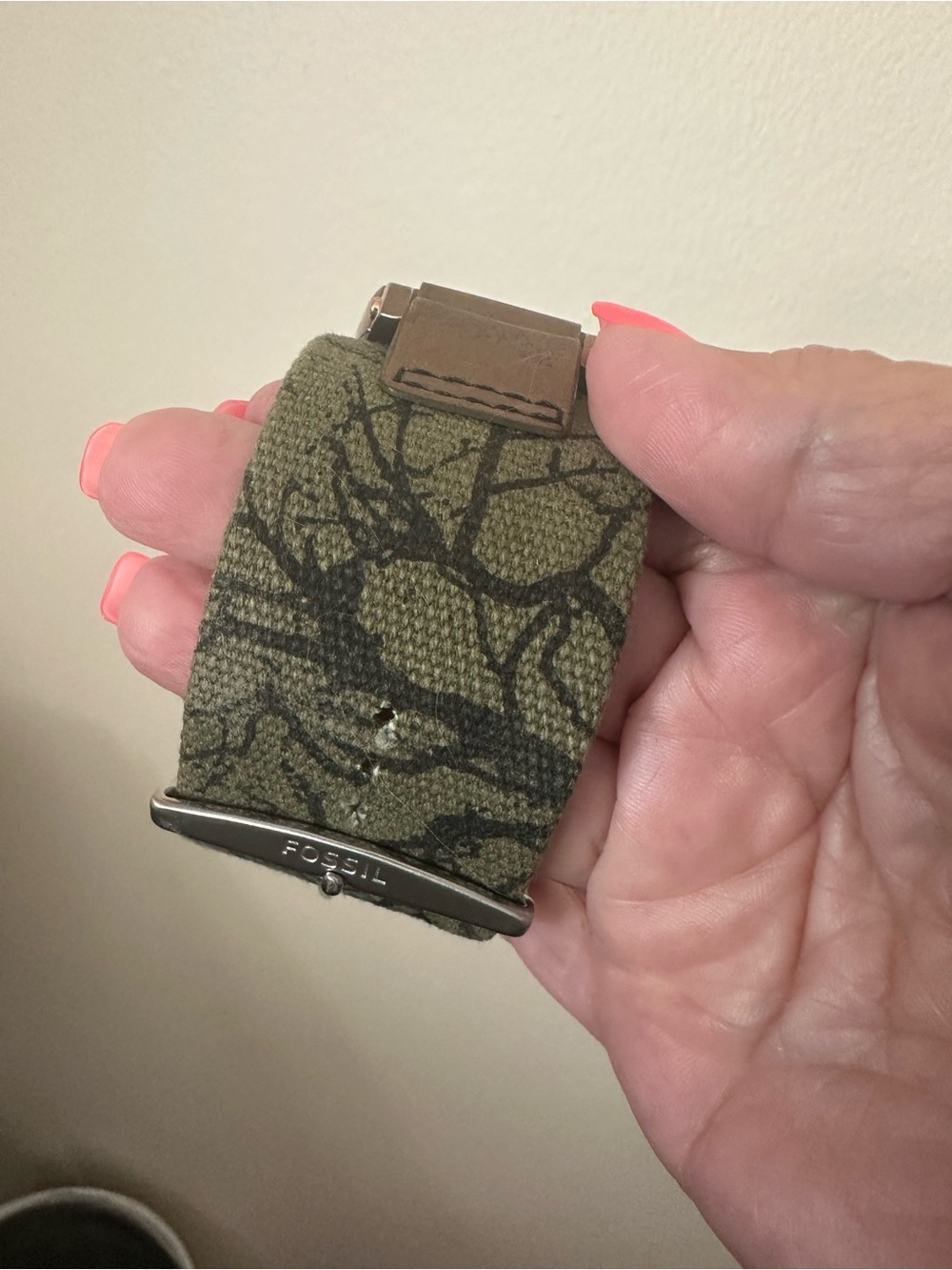 Fossil Olive Green Canvas Watch Strap with Black Camo Print
